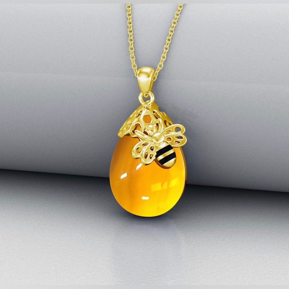 TIGER RIDER Bee Women's Sterling Silver Necklace, Amber/Moonstone/Blue Crystal